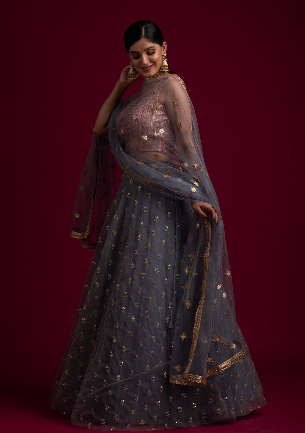Light Grey Sequins Net Designer Dupatta - koskii
