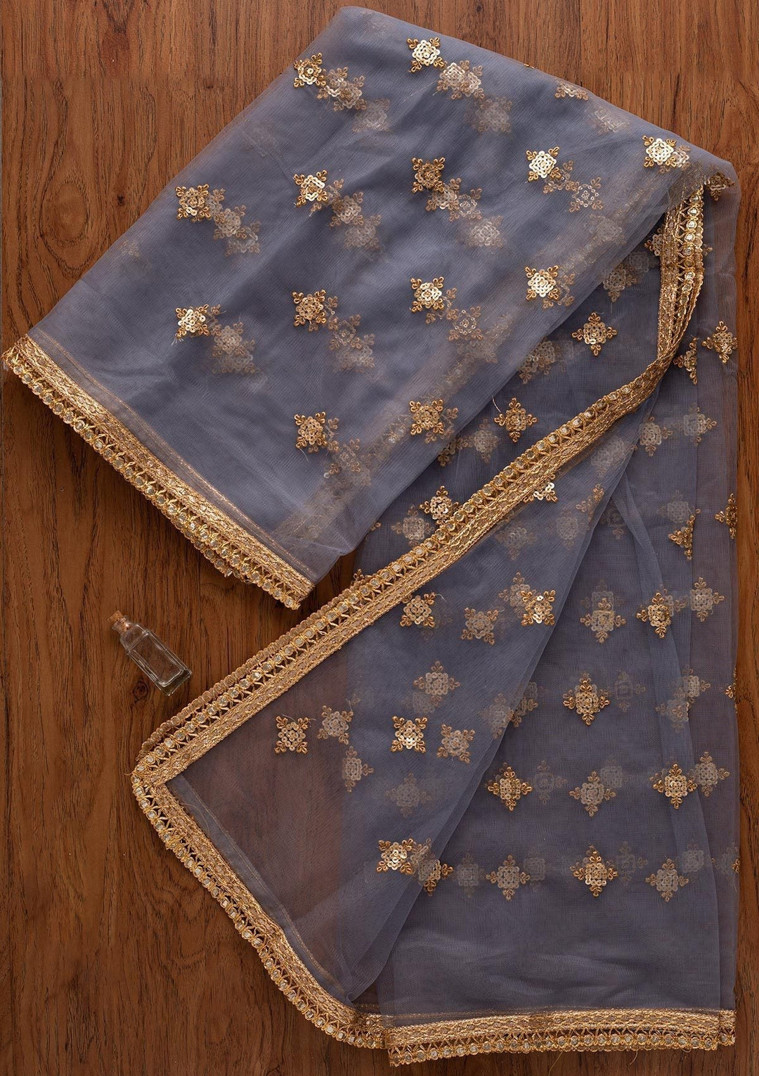 Light Grey Sequins Net Designer Dupatta - koskii