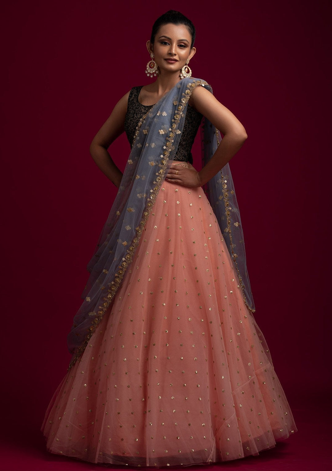 Light Grey Sequins Net Designer Dupatta - koskii