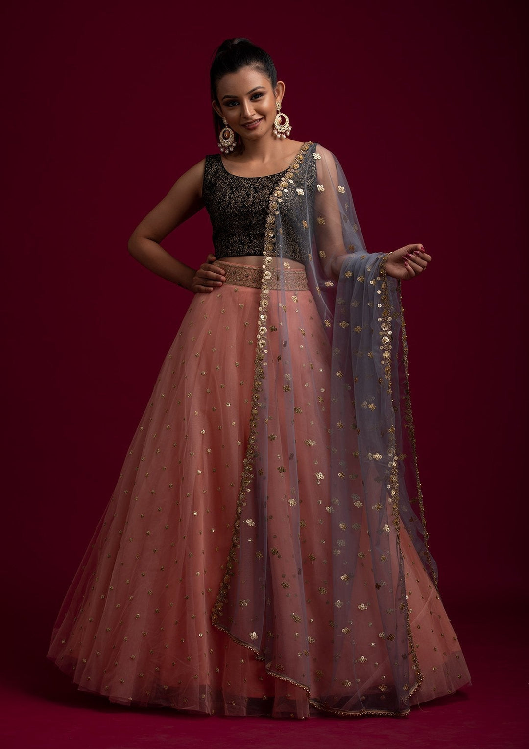 Light Grey Sequins Net Designer Dupatta - koskii