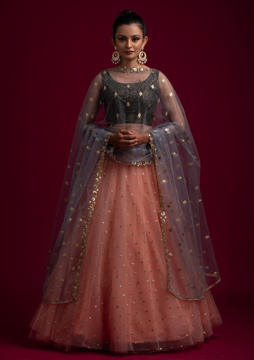 Light Grey Sequins Net Designer Dupatta - koskii