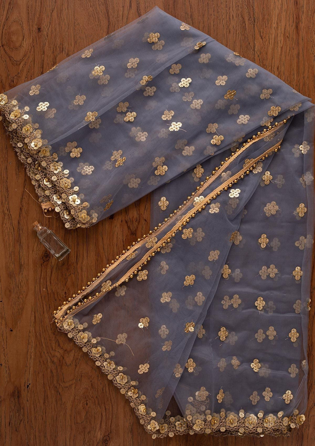 Light Grey Sequins Net Designer Dupatta - koskii