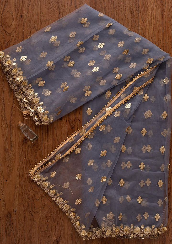 Light Grey Sequins Net Designer Dupatta - koskii