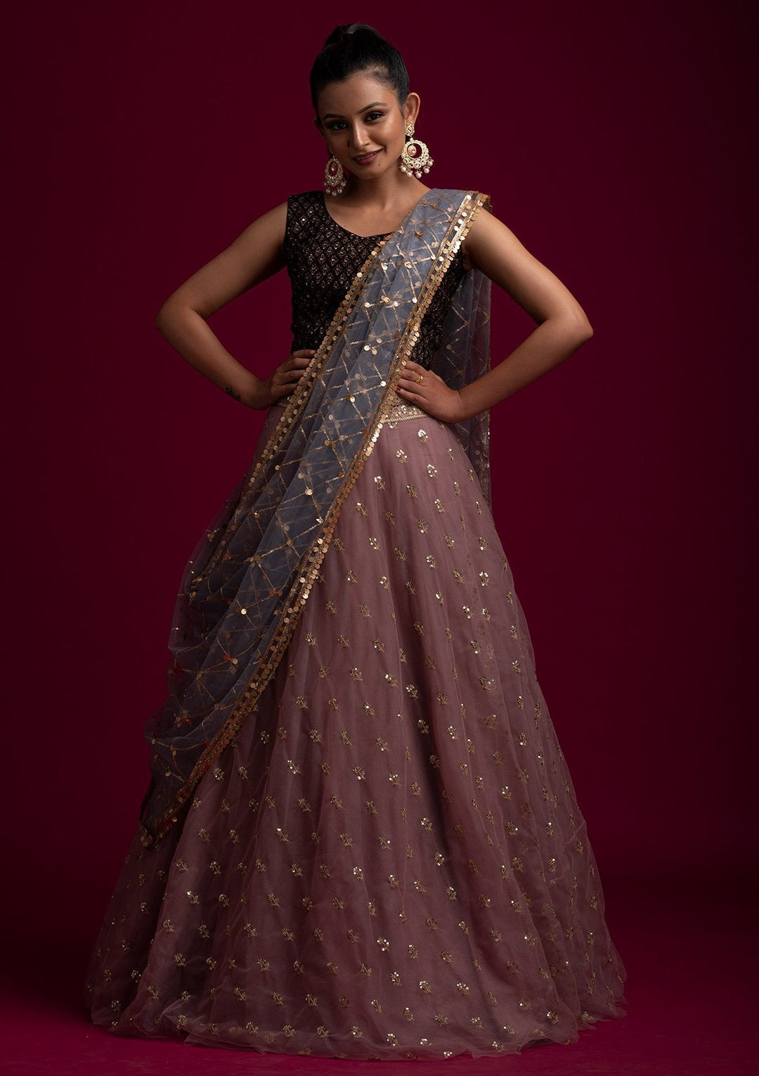 Light Grey Sequins Net Designer Dupatta - koskii
