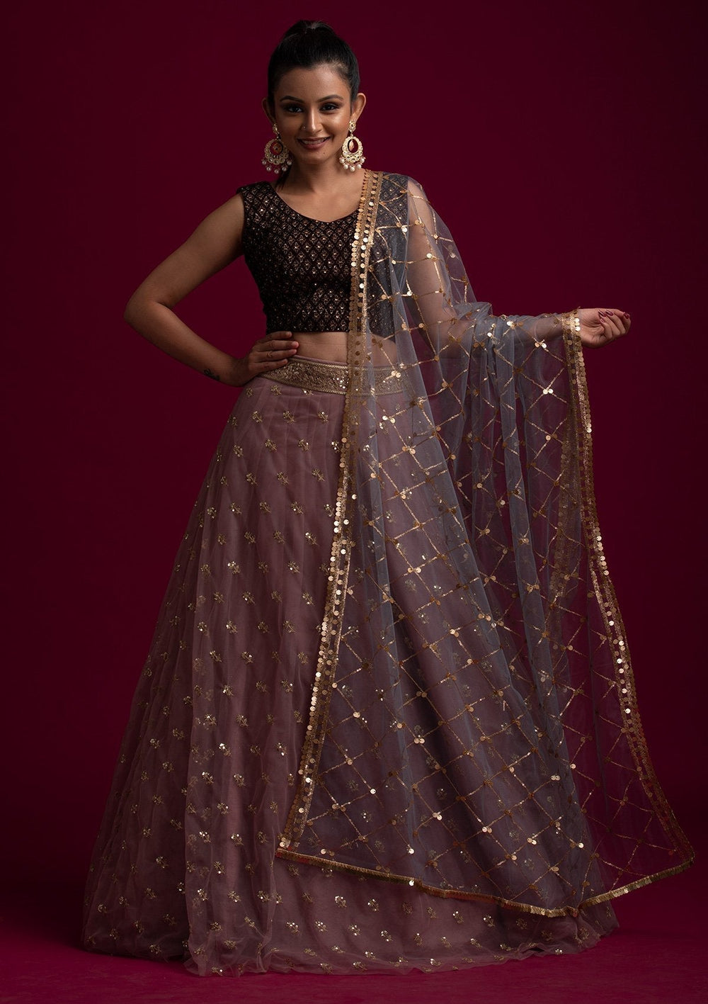 Light Grey Sequins Net Designer Dupatta - koskii