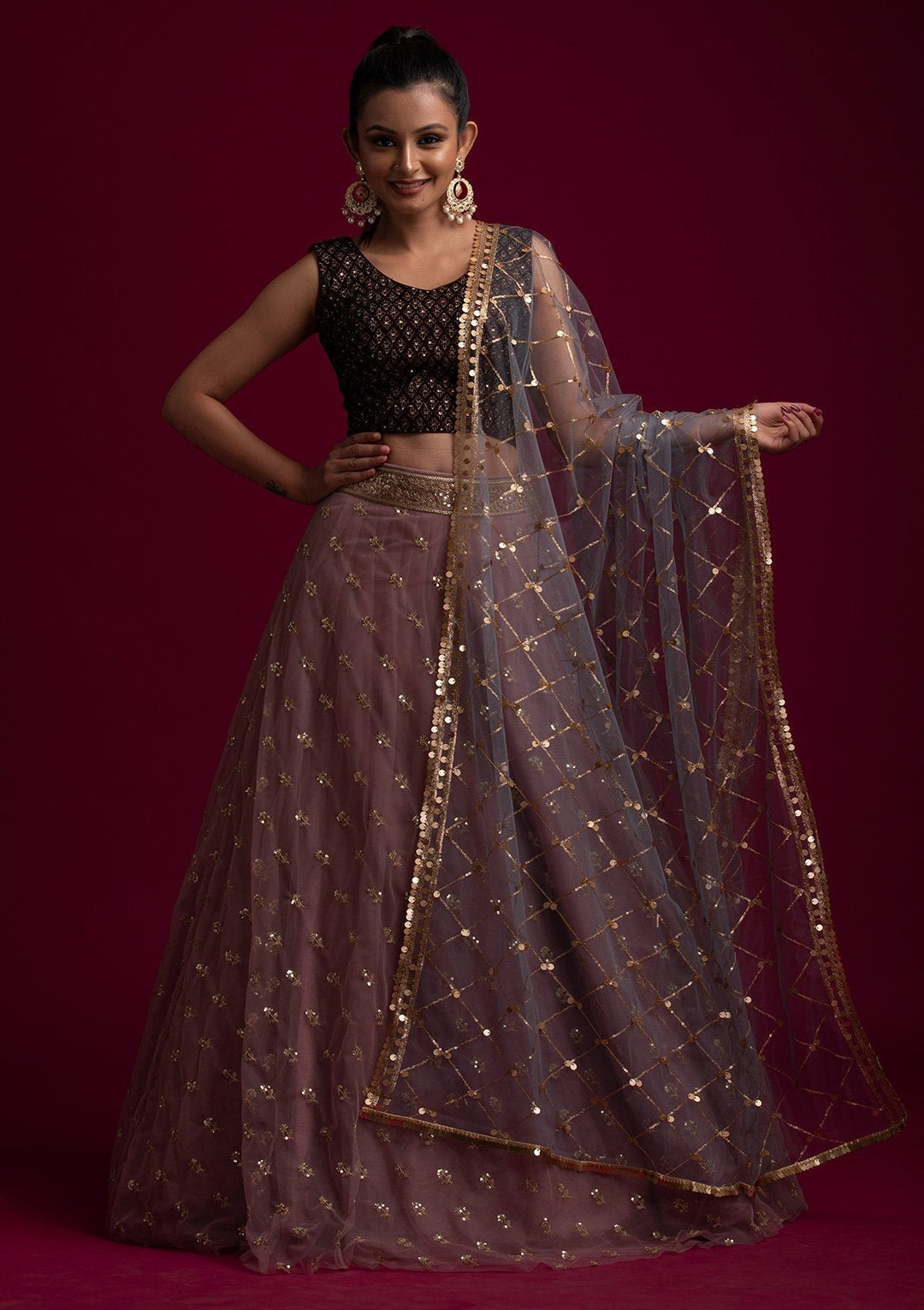 Light Grey Sequins Net Designer Dupatta - koskii