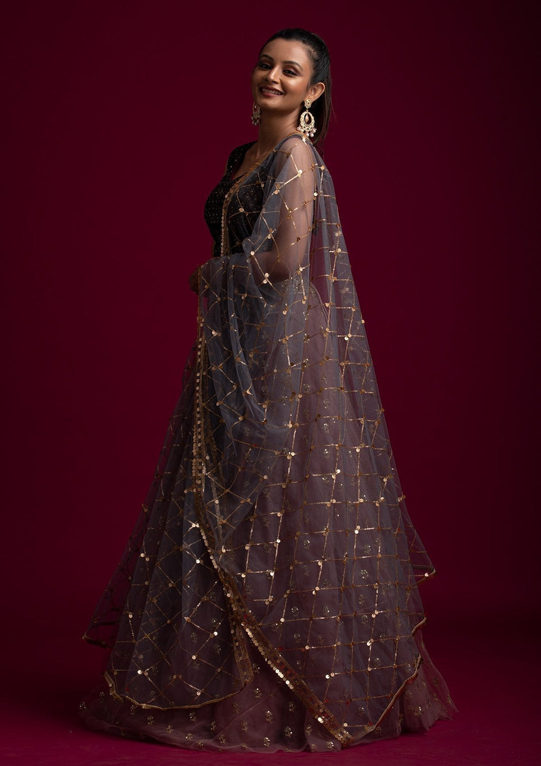 Light Grey Sequins Net Designer Dupatta - koskii