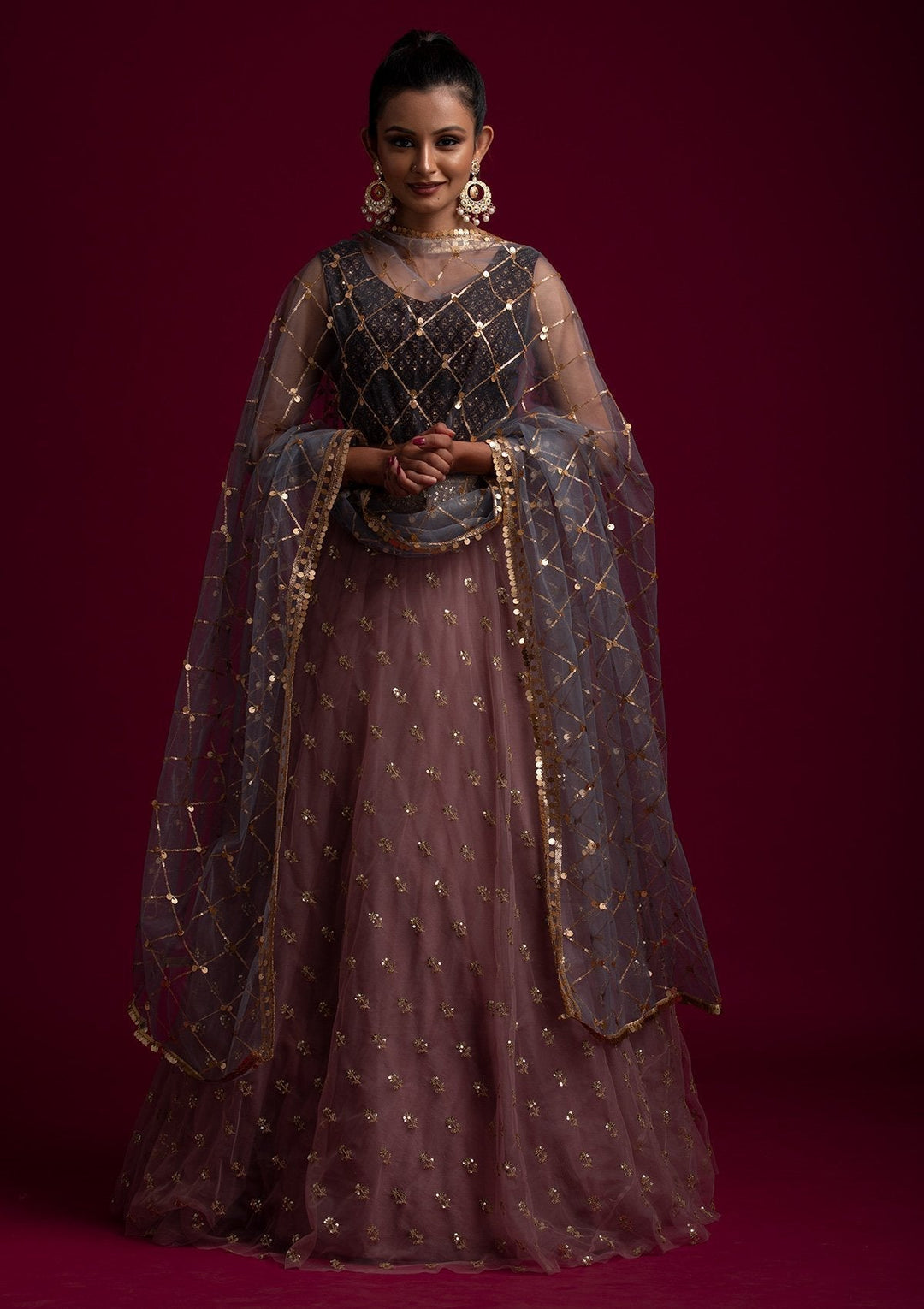 Light Grey Sequins Net Designer Dupatta - koskii