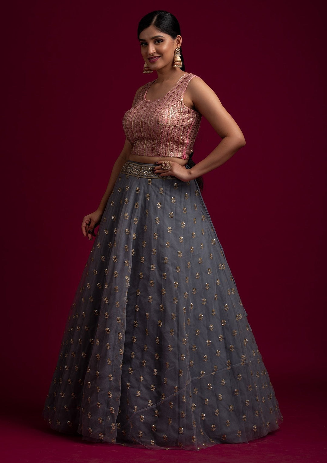 Light Grey Sequins Net Designer Skirt - koskii