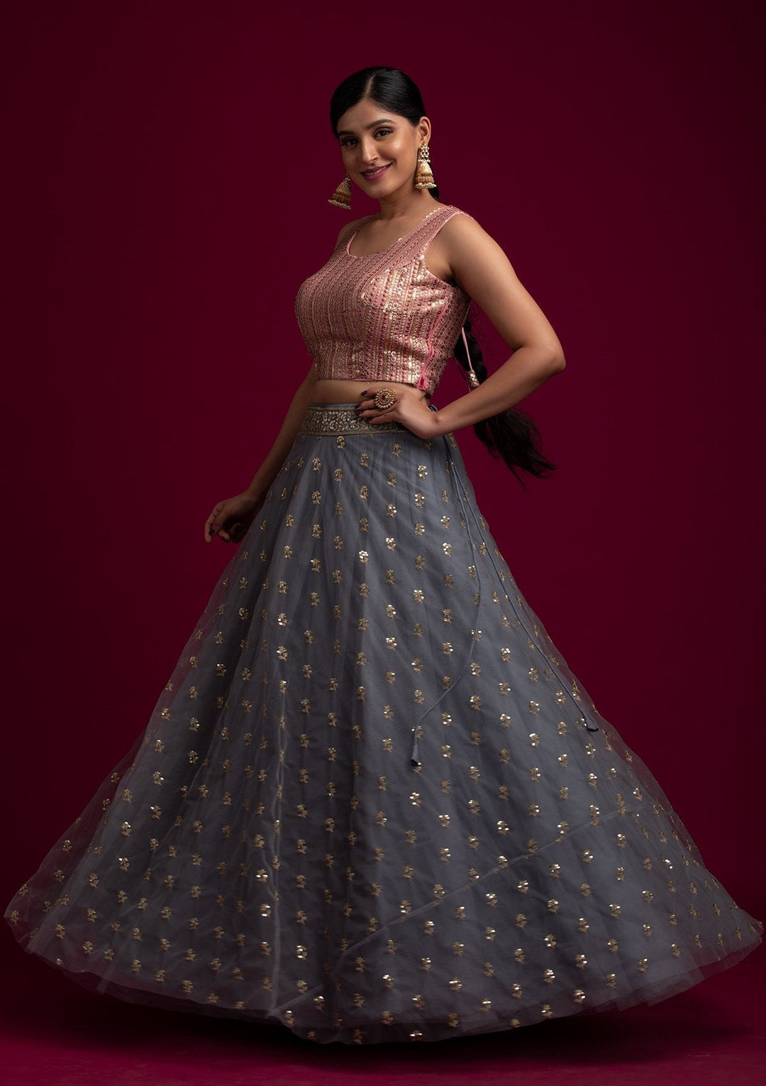 Light Grey Sequins Net Designer Skirt - koskii