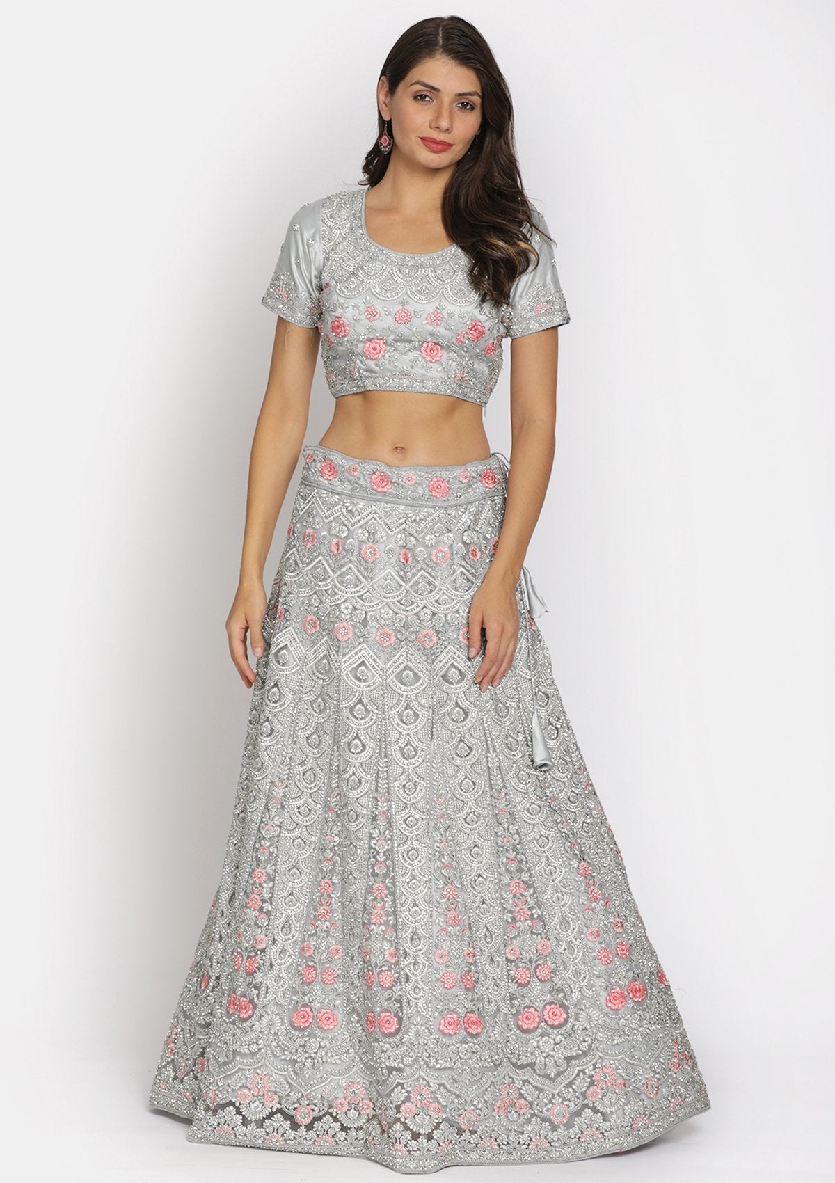 Light Grey Silver Stonework Net Designer Semi-Stitched Lehenga - koskii