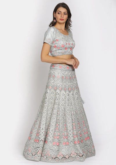 Light Grey Silver Stonework Net Designer Semi-Stitched Lehenga - koskii