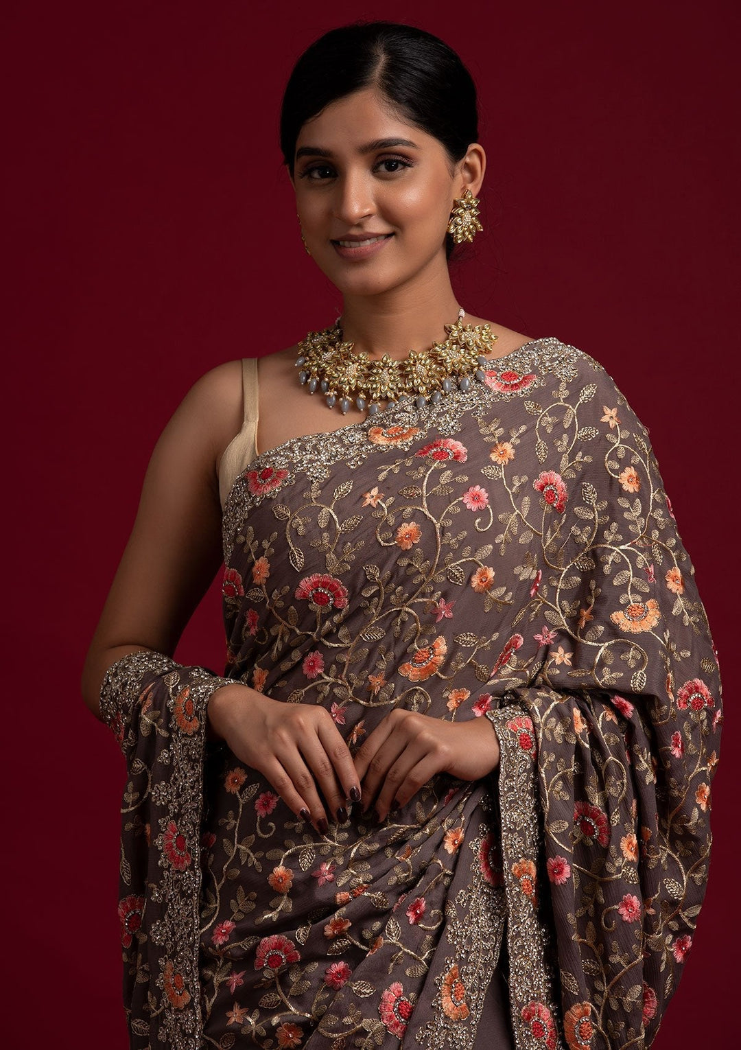 Light Grey Silver Stonework Semi Crepe Designer Saree - koskii