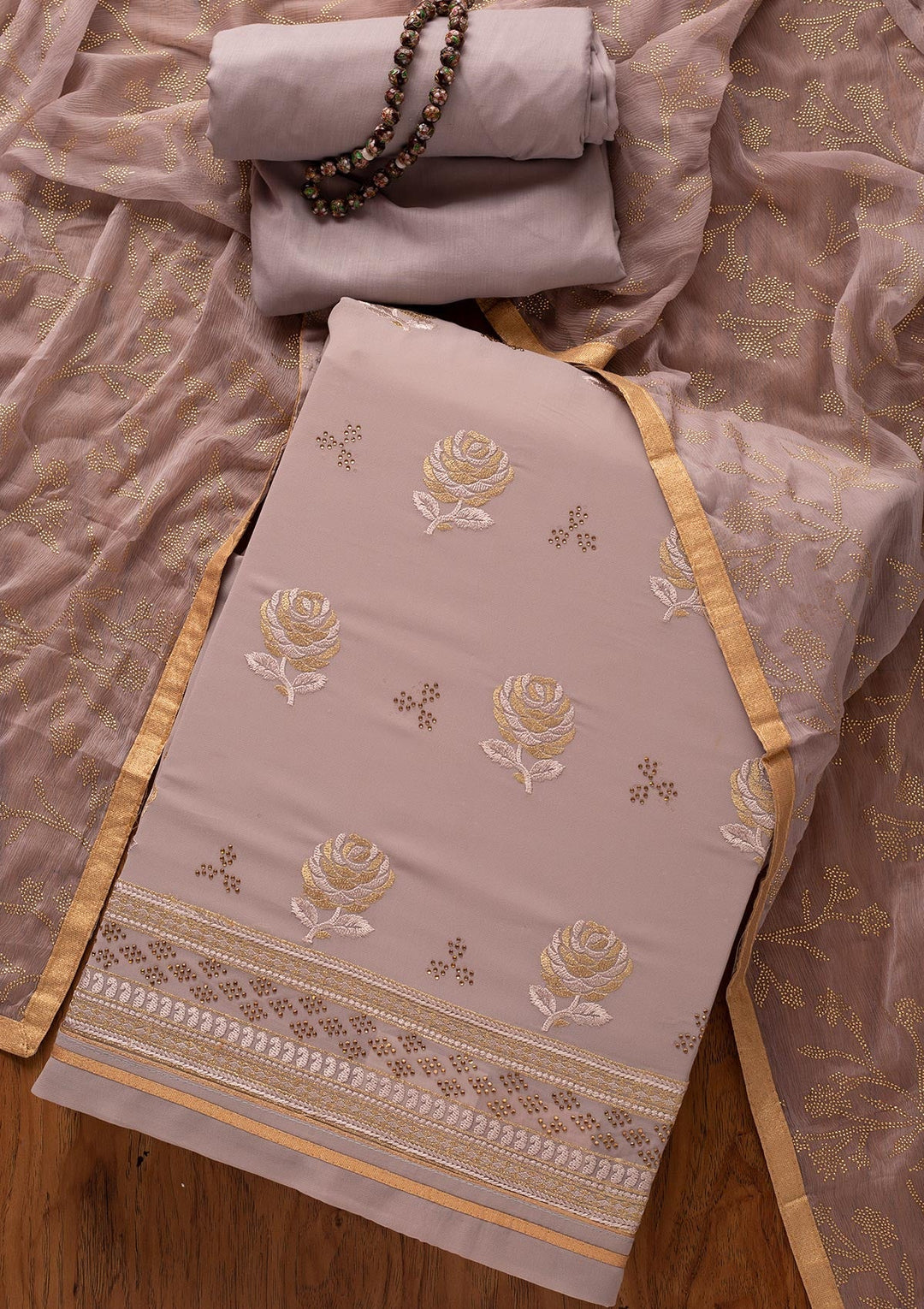 Light Grey Swarovski Georgette Designer Unstitched Salwar Suit - koskii