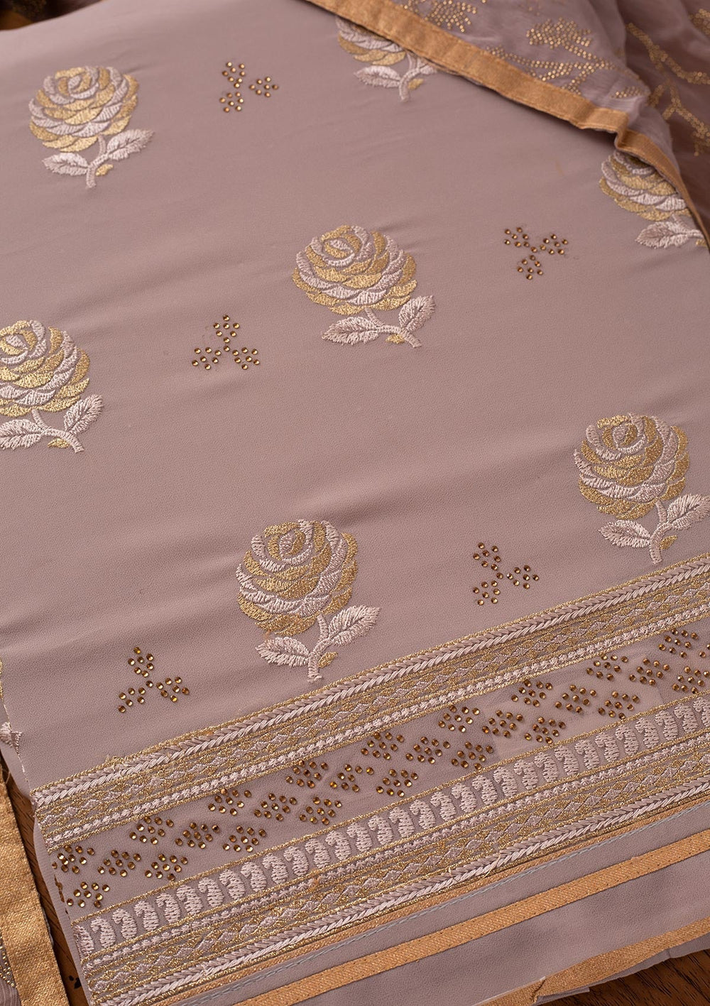 Light Grey Swarovski Georgette Designer Unstitched Salwar Suit - koskii
