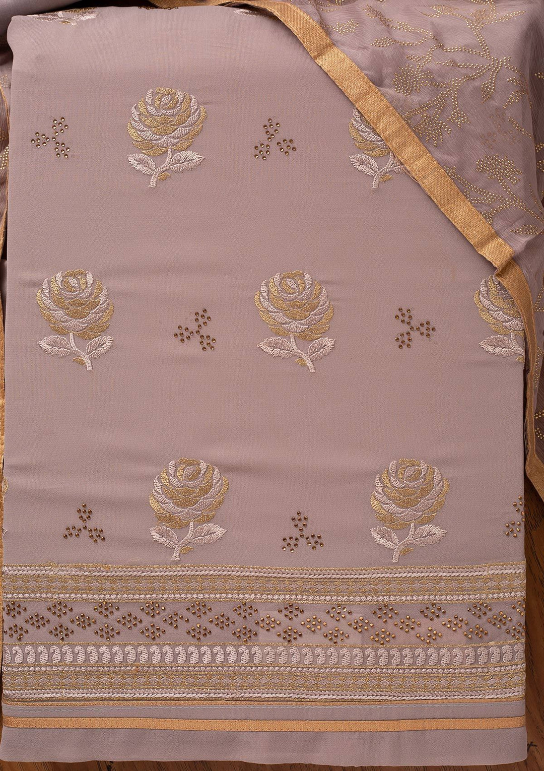 Light Grey Swarovski Georgette Designer Unstitched Salwar Suit - koskii