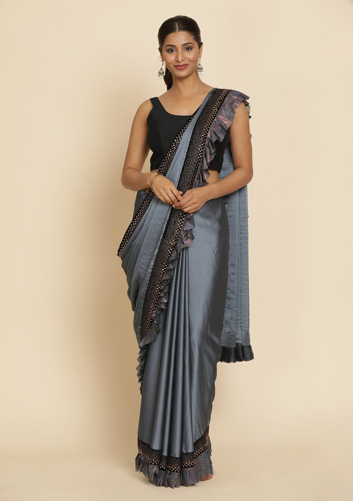 Light Grey Swarovski Semi Crepe Designer Saree - koskii