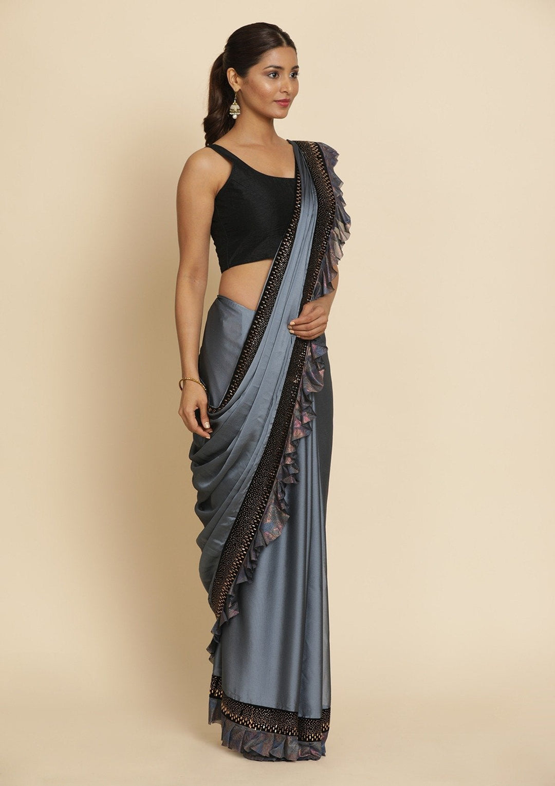 Light Grey Swarovski Semi Crepe Designer Saree - koskii