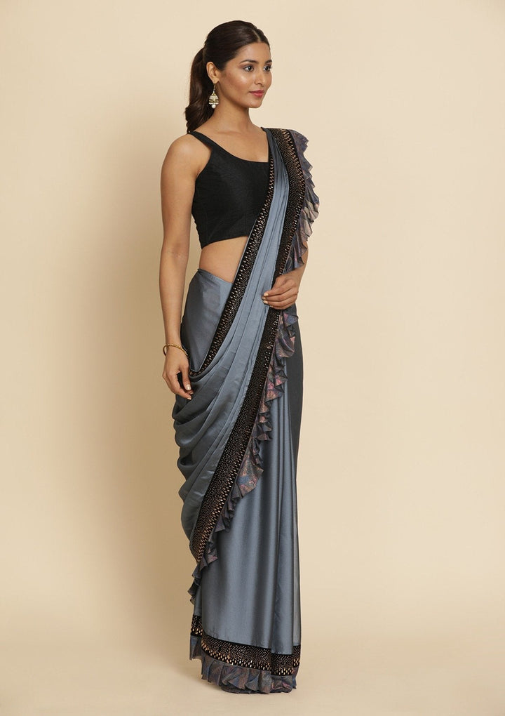 Light Grey Swarovski Semi Crepe Designer Saree - koskii