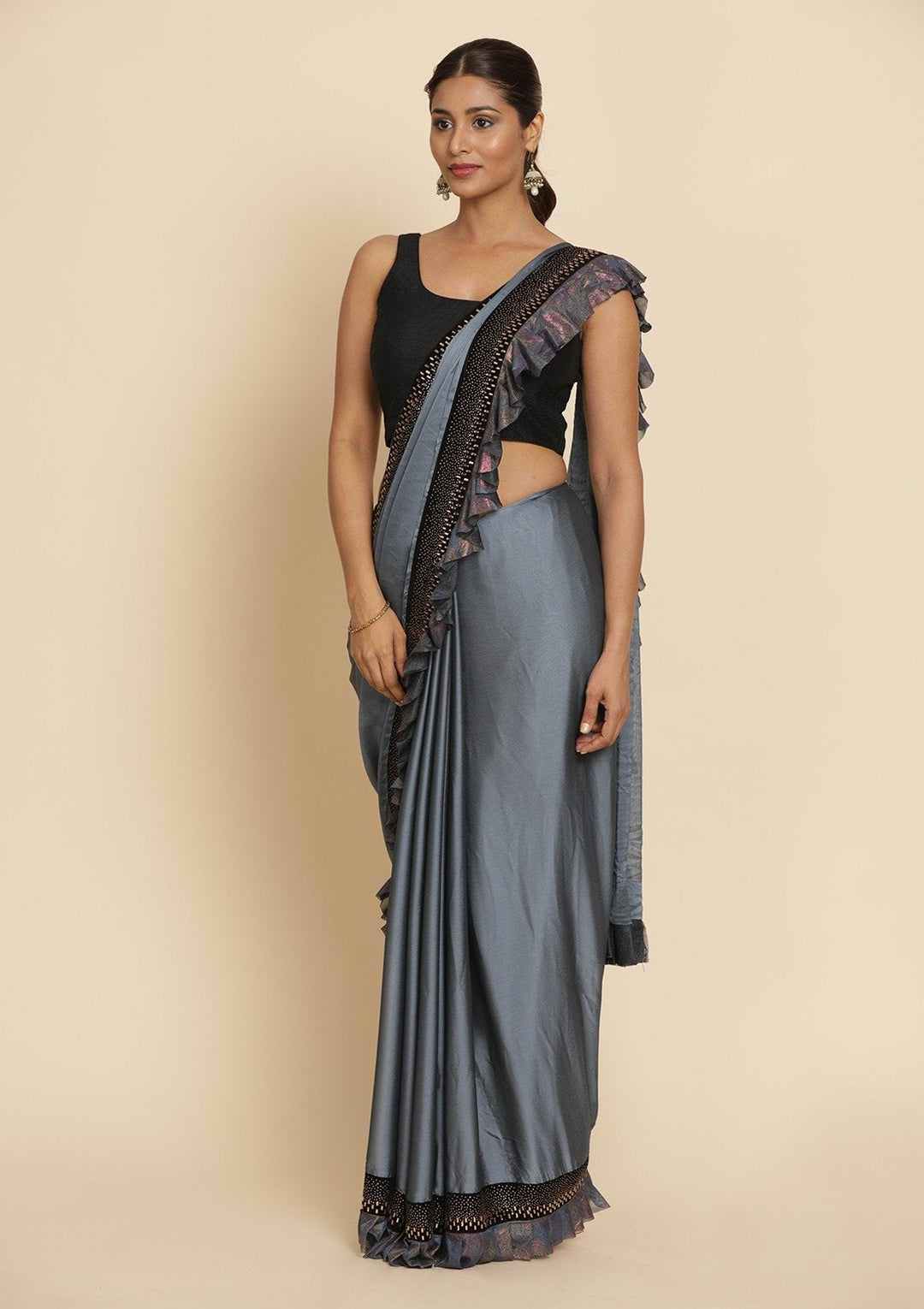 Light Grey Swarovski Semi Crepe Designer Saree - koskii