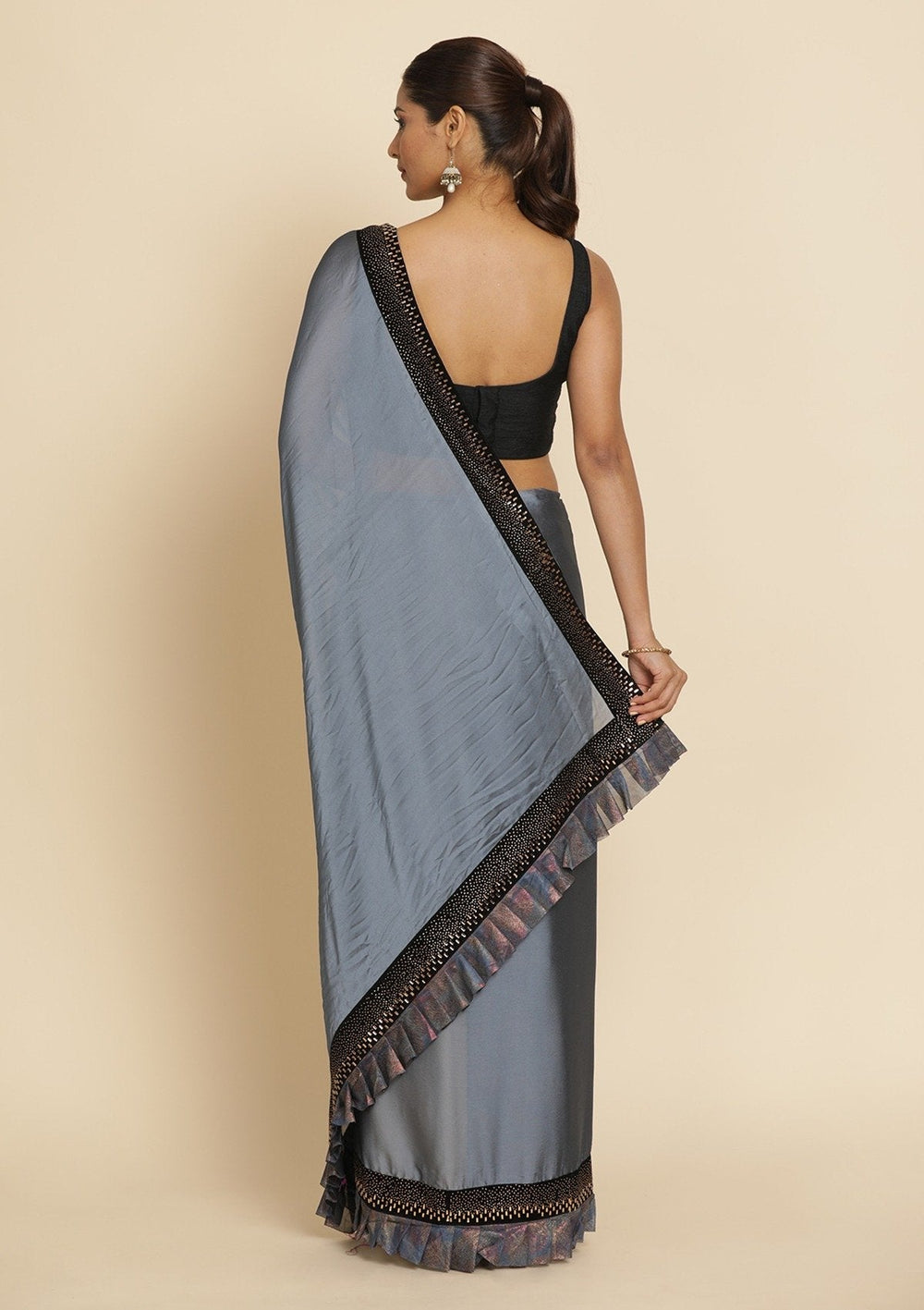 Light Grey Swarovski Semi Crepe Designer Saree - koskii