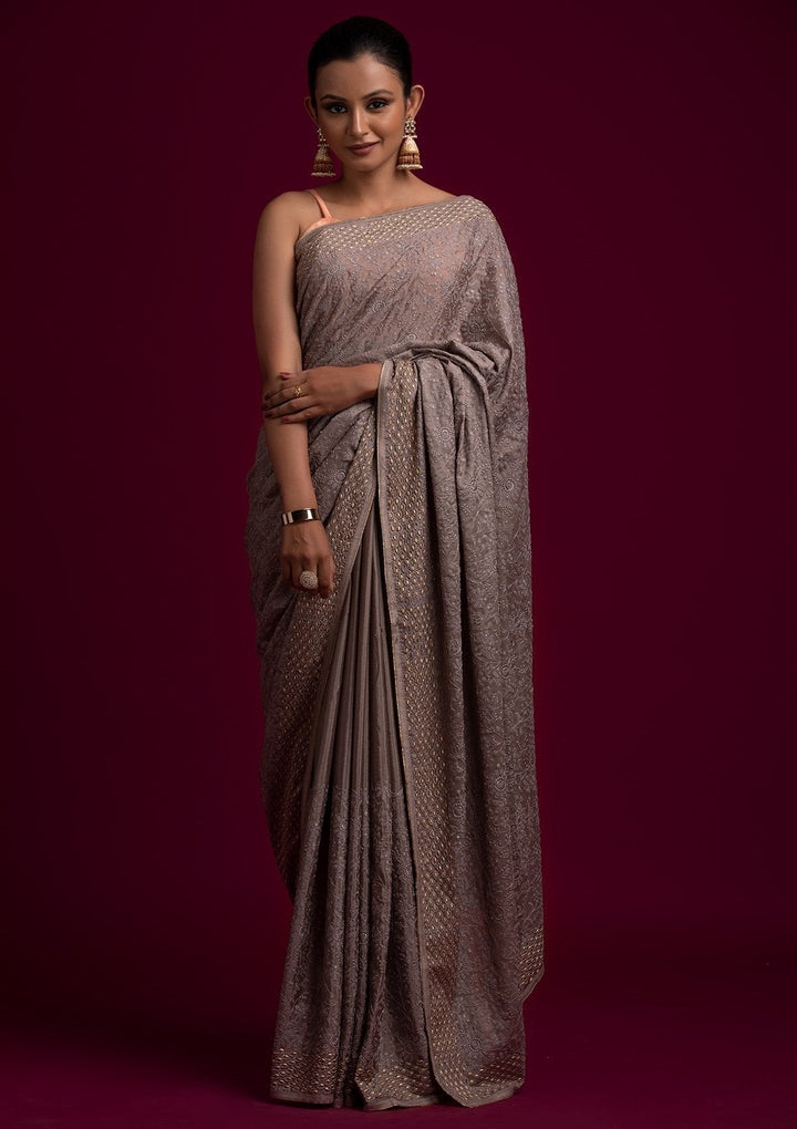 Light Grey Threadwork Georgette Designer Saree - koskii