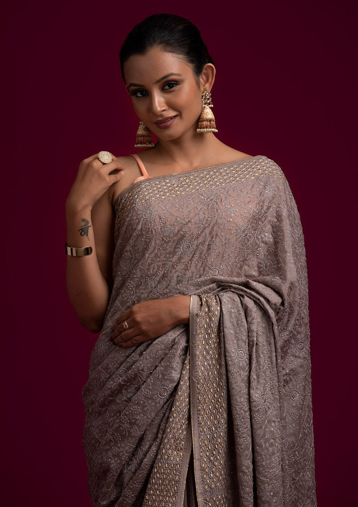 Light Grey Threadwork Georgette Designer Saree - koskii