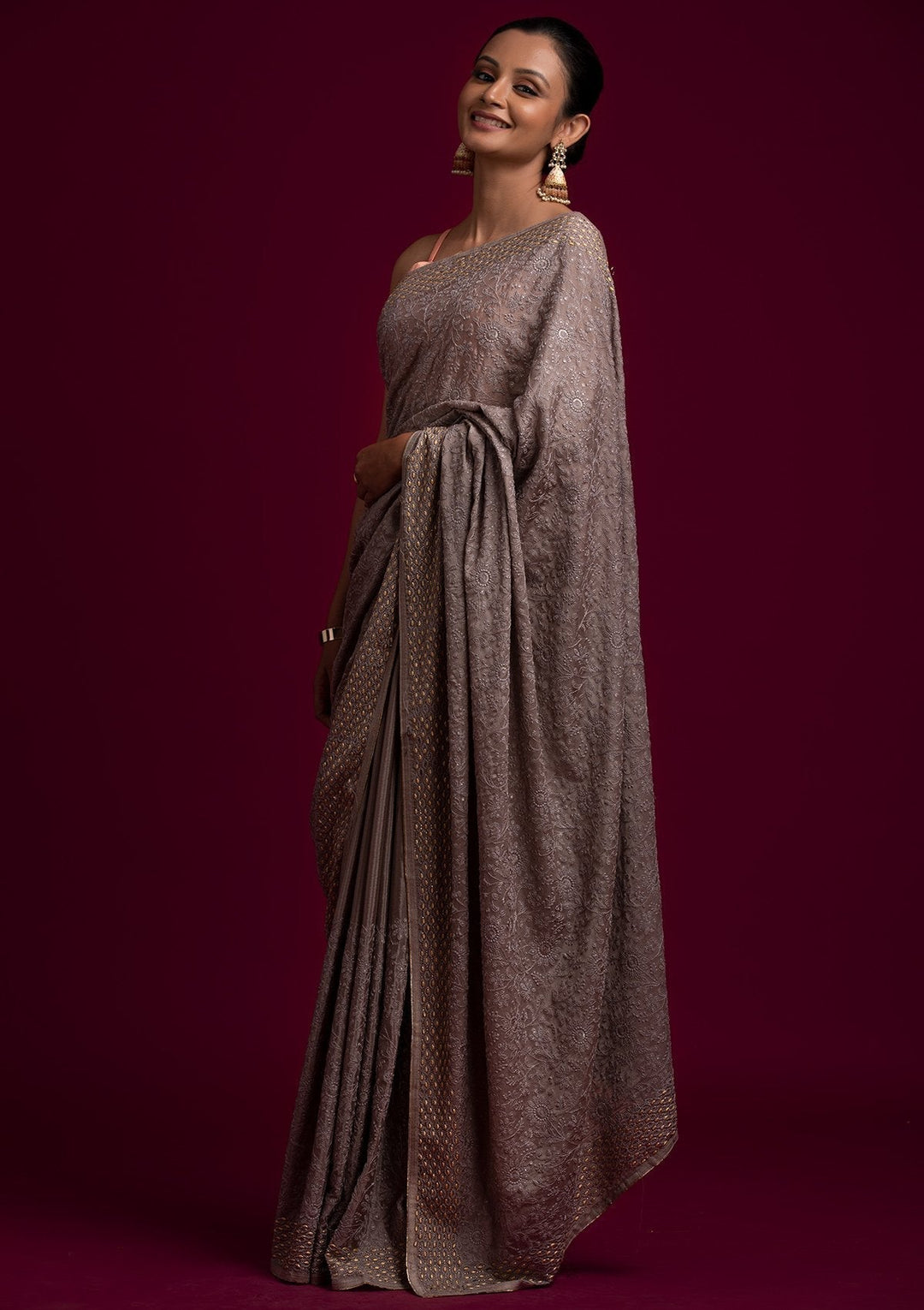 Light Grey Threadwork Georgette Designer Saree - koskii