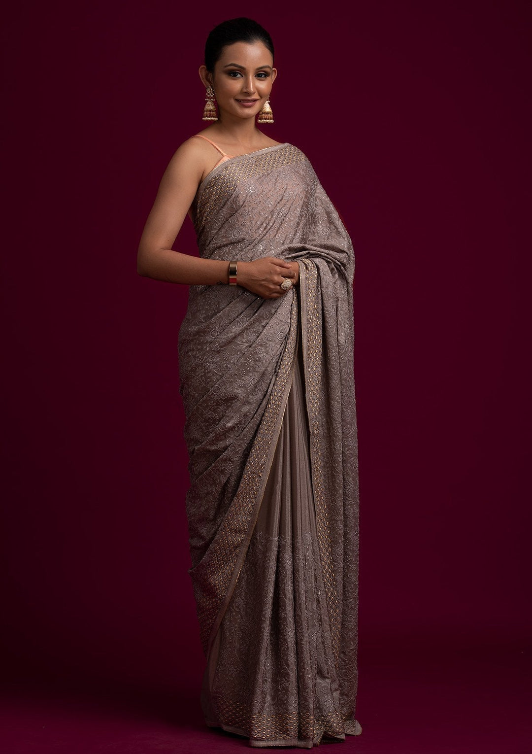 Light Grey Threadwork Georgette Designer Saree - koskii