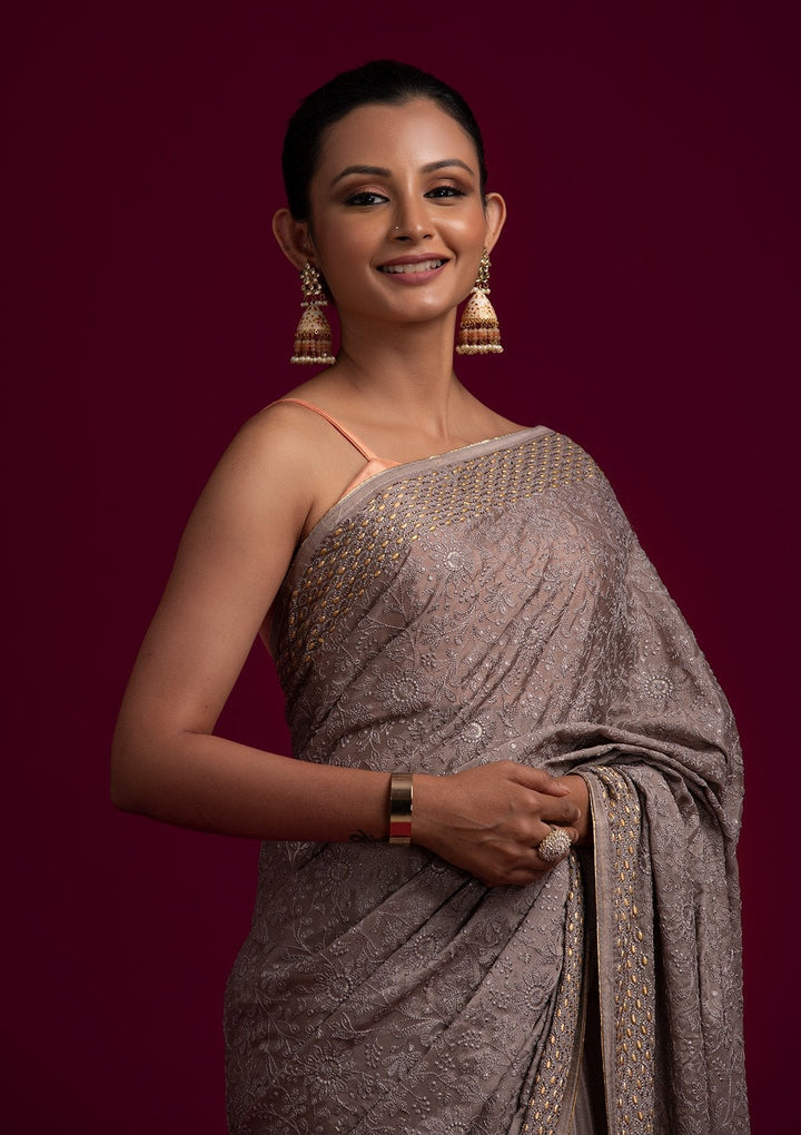 Light Grey Threadwork Georgette Designer Saree - koskii