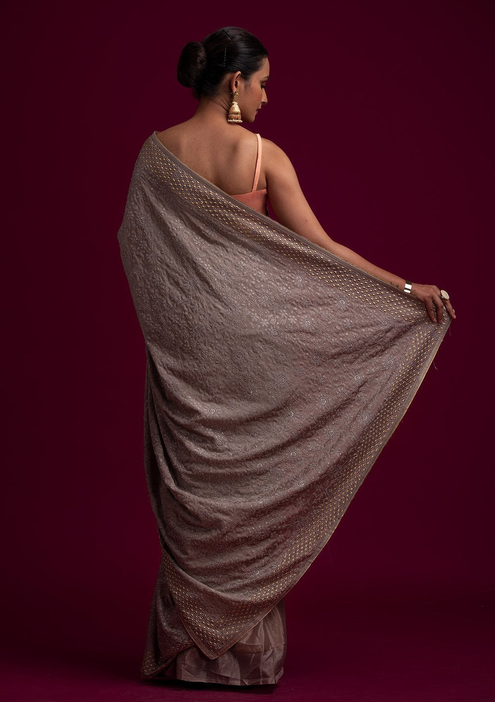 Light Grey Threadwork Georgette Designer Saree - koskii