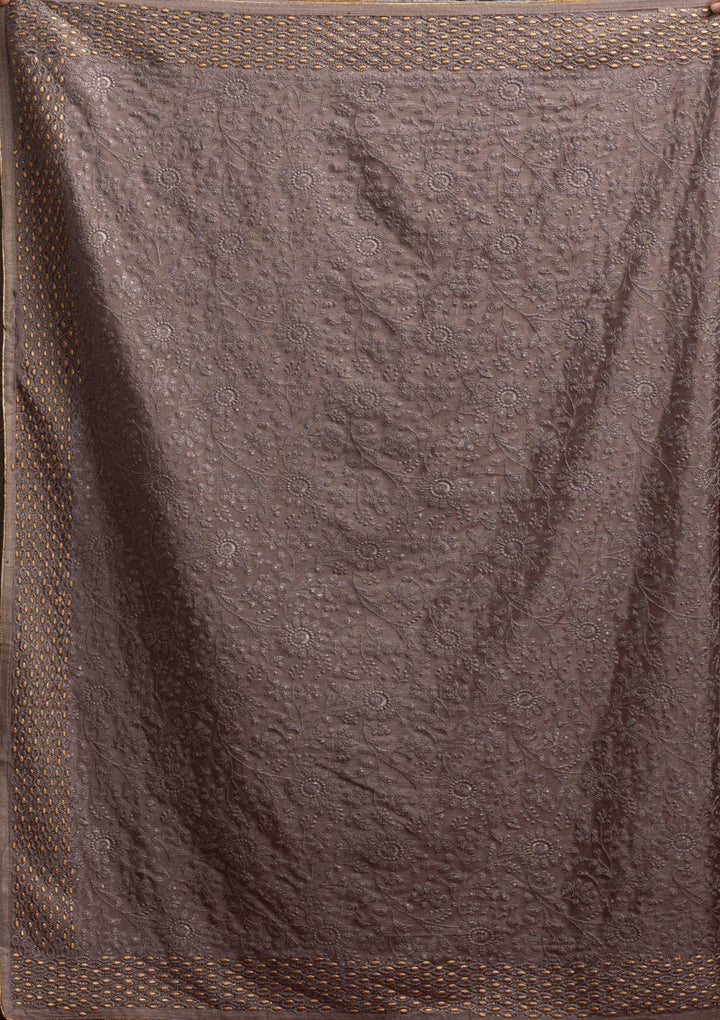 Light Grey Threadwork Georgette Designer Saree - koskii