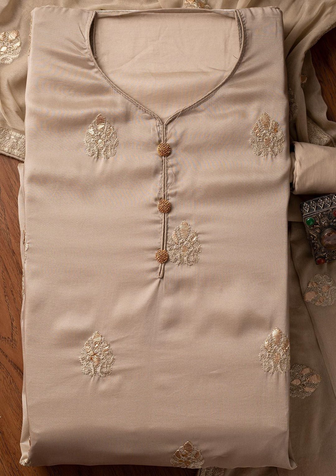 Light Grey Threadwork Semi Crepe Designer Unstitched Salwar Suit - koskii