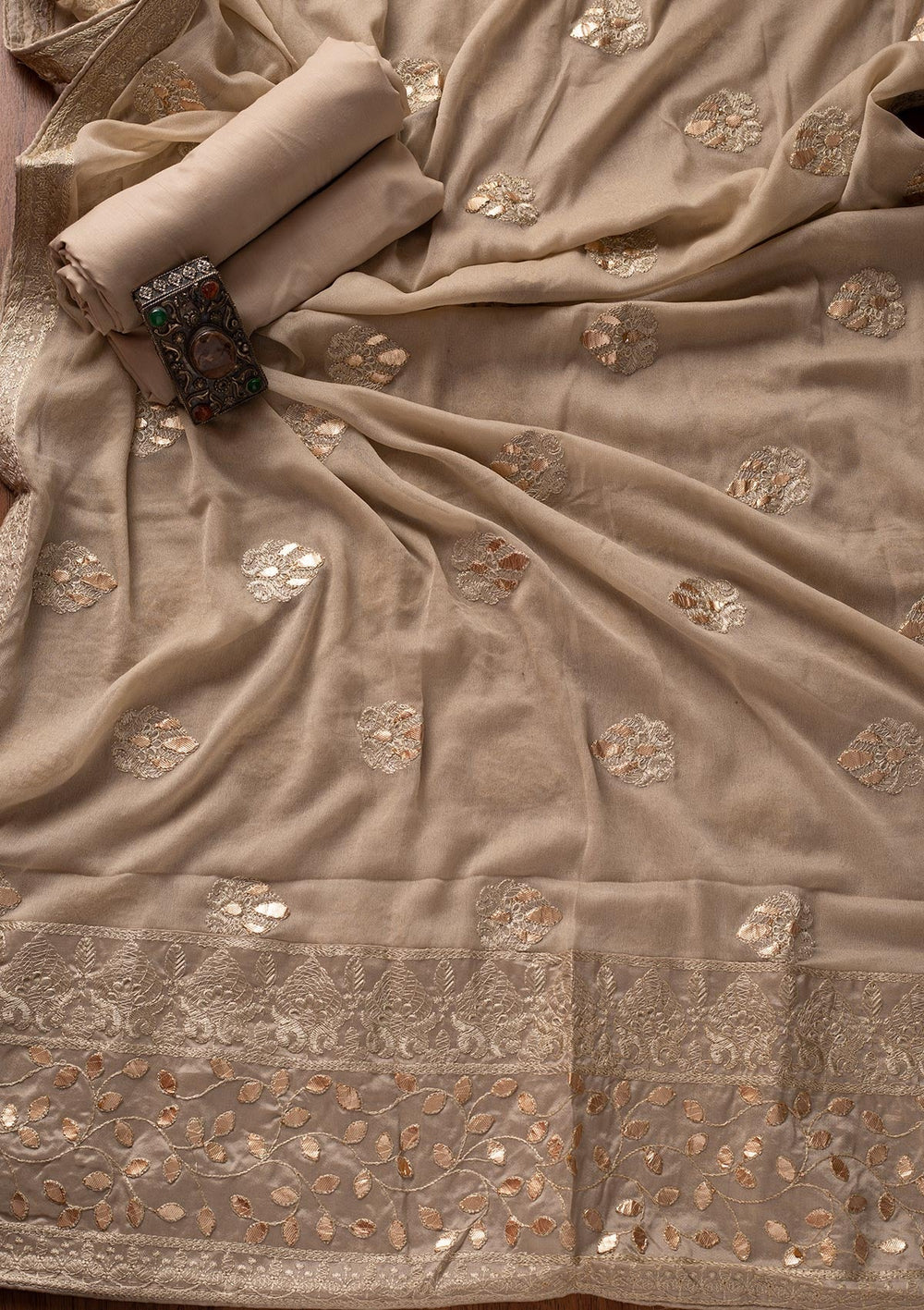 Light Grey Threadwork Semi Crepe Designer Unstitched Salwar Suit - koskii