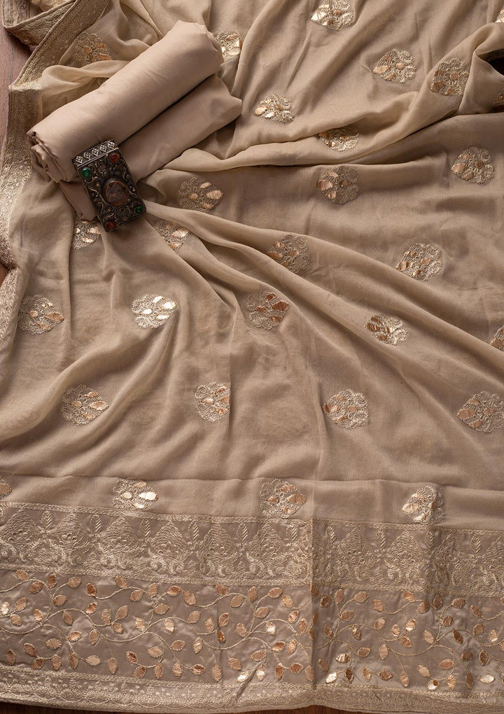 Light Grey Threadwork Semi Crepe Designer Unstitched Salwar Suit - koskii