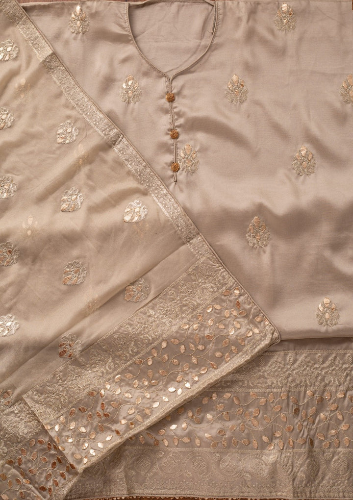 Light Grey Threadwork Semi Crepe Designer Unstitched Salwar Suit - koskii