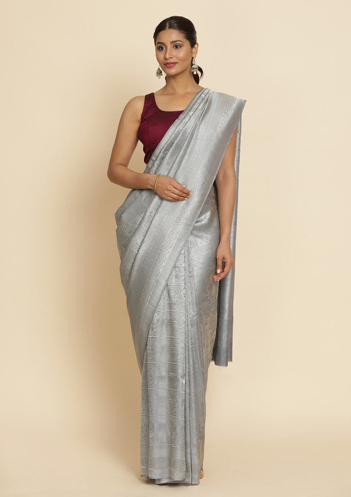 Light Grey Zariwork Art Silk Designer Saree - koskii