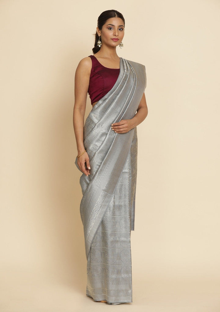 Light Grey Zariwork Art Silk Designer Saree - koskii