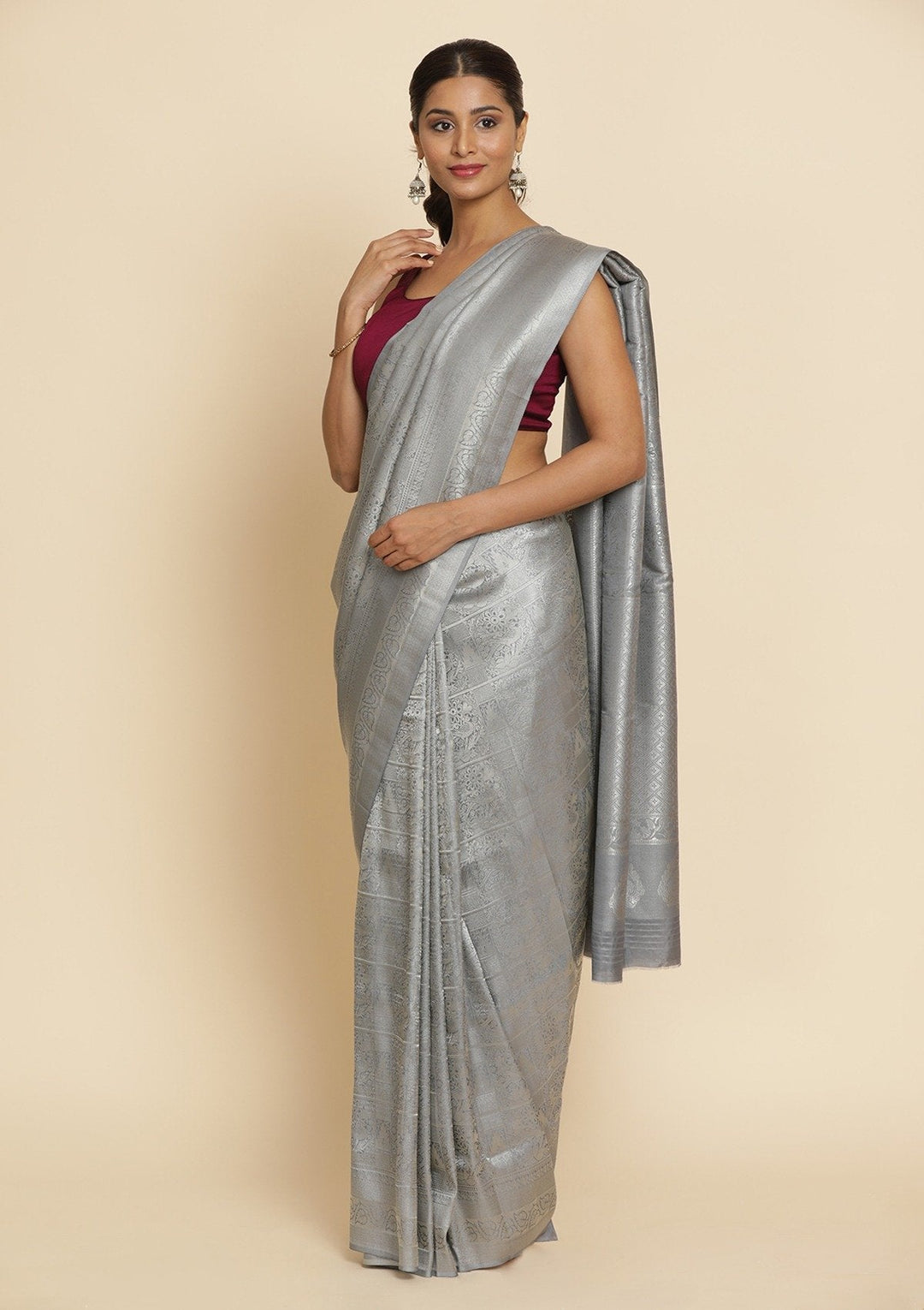 Light Grey Zariwork Art Silk Designer Saree - koskii