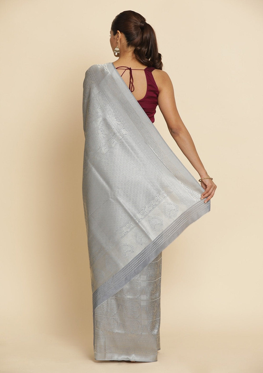 Light Grey Zariwork Art Silk Designer Saree - koskii