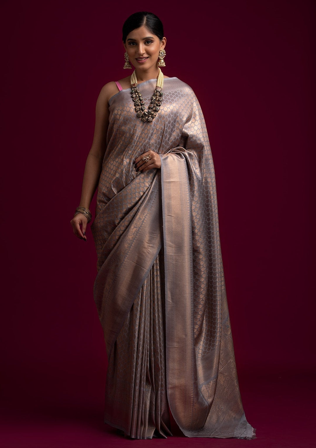 Light Grey Zariwork Art Silk Designer Saree - koskii