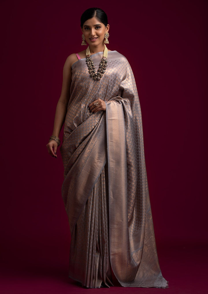 Light Grey Zariwork Art Silk Designer Saree - koskii