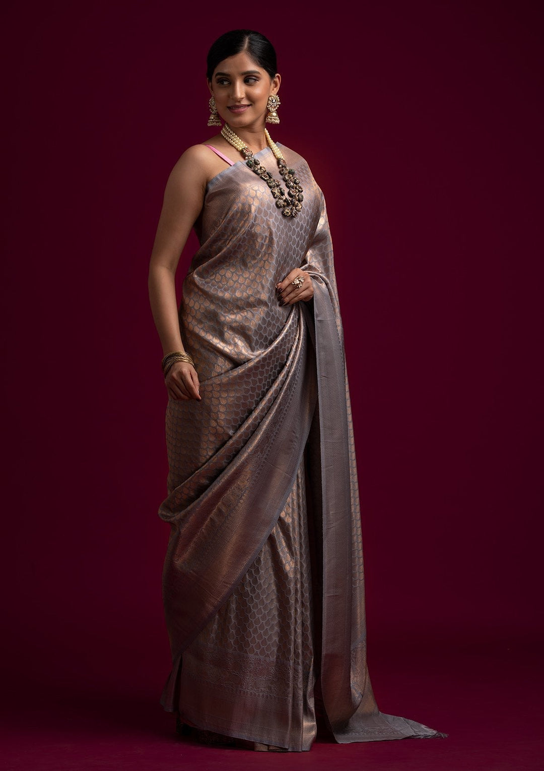Light Grey Zariwork Art Silk Designer Saree - koskii