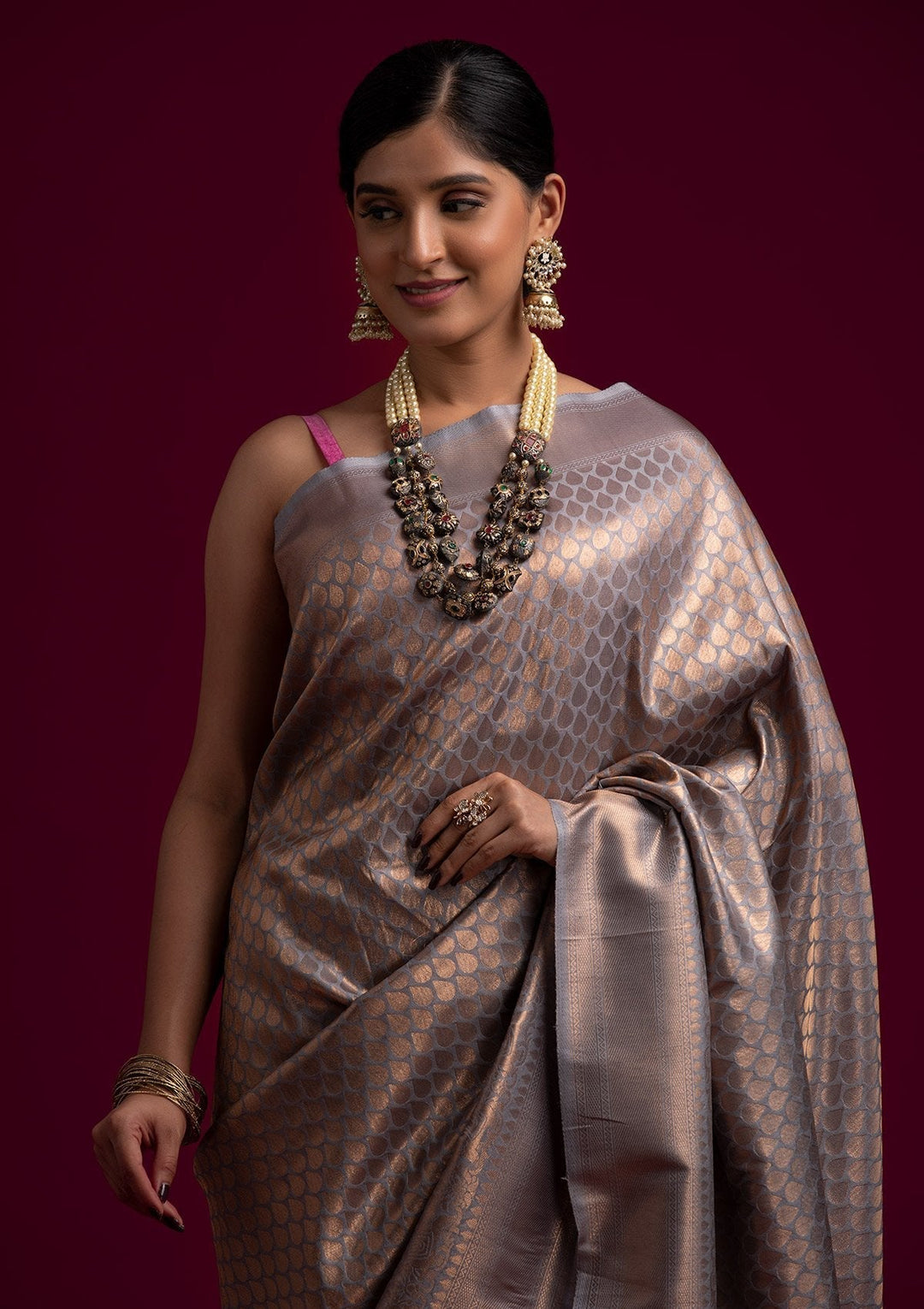 Light Grey Zariwork Art Silk Designer Saree - koskii