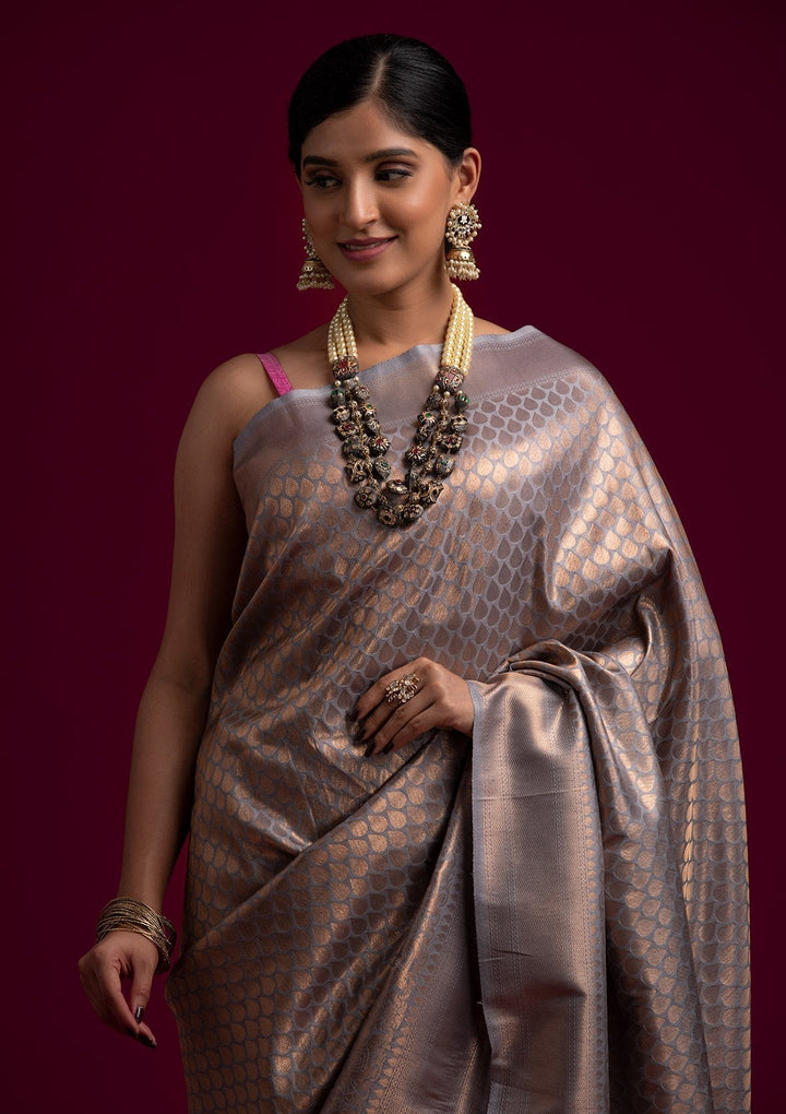 Light Grey Zariwork Art Silk Designer Saree - koskii
