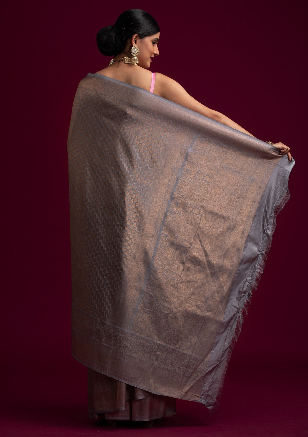 Light Grey Zariwork Art Silk Designer Saree - koskii