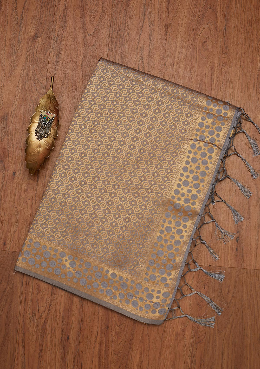 Light Grey Zariwork Raw Silk Designer Saree - koskii