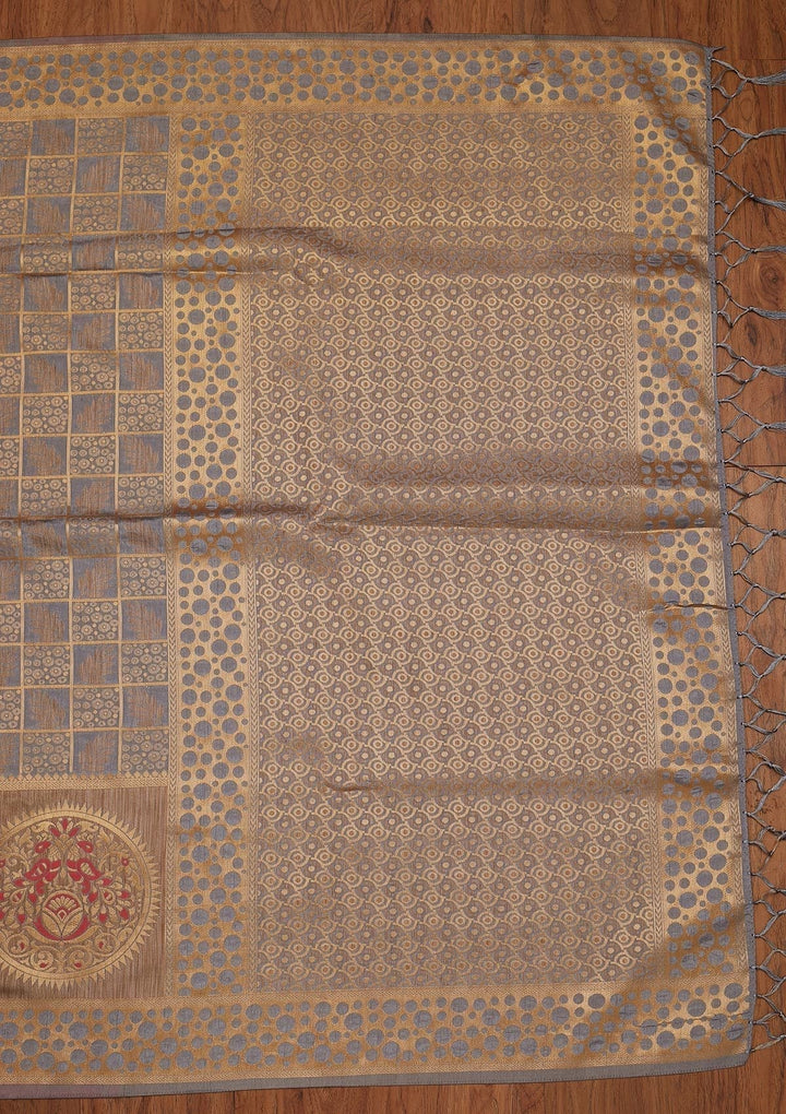 Light Grey Zariwork Raw Silk Designer Saree - koskii