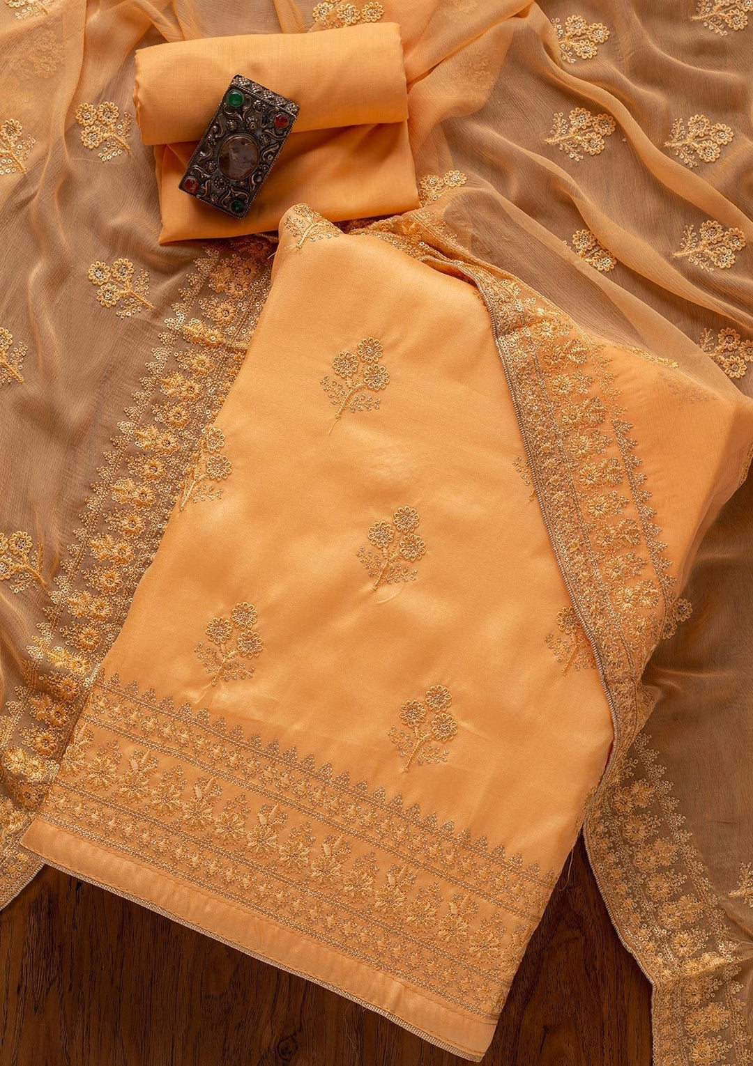 Light Orange Threadwork Semi Crepe Designer Unstitched Salwar Suit - koskii