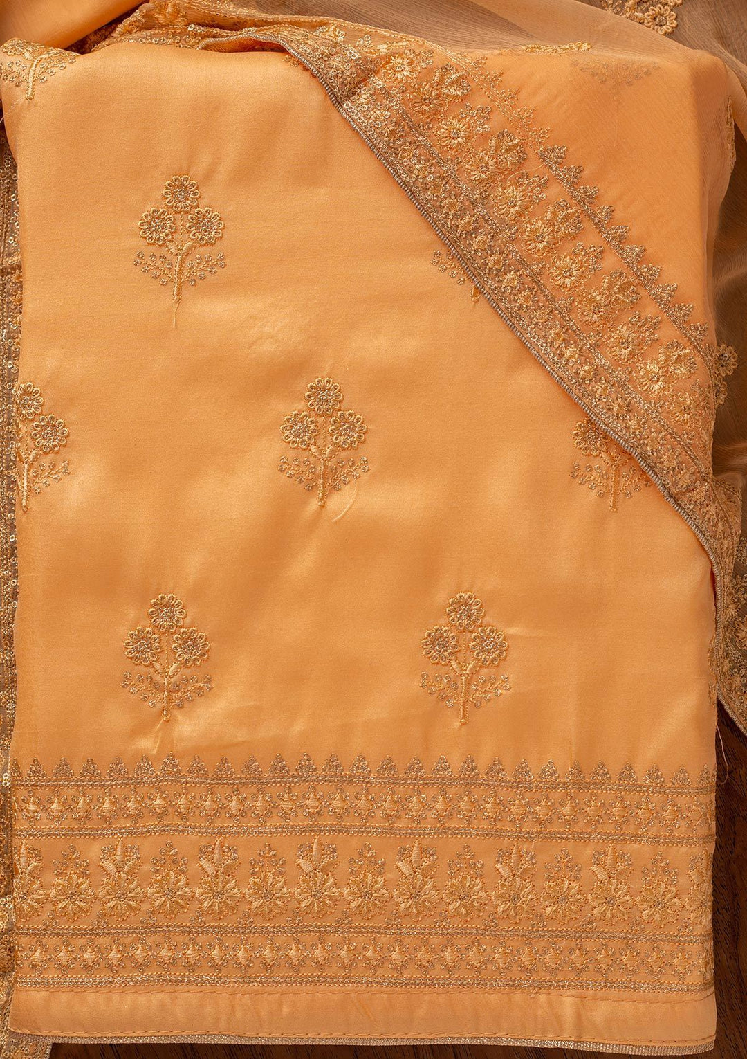 Light Orange Threadwork Semi Crepe Designer Unstitched Salwar Suit - koskii